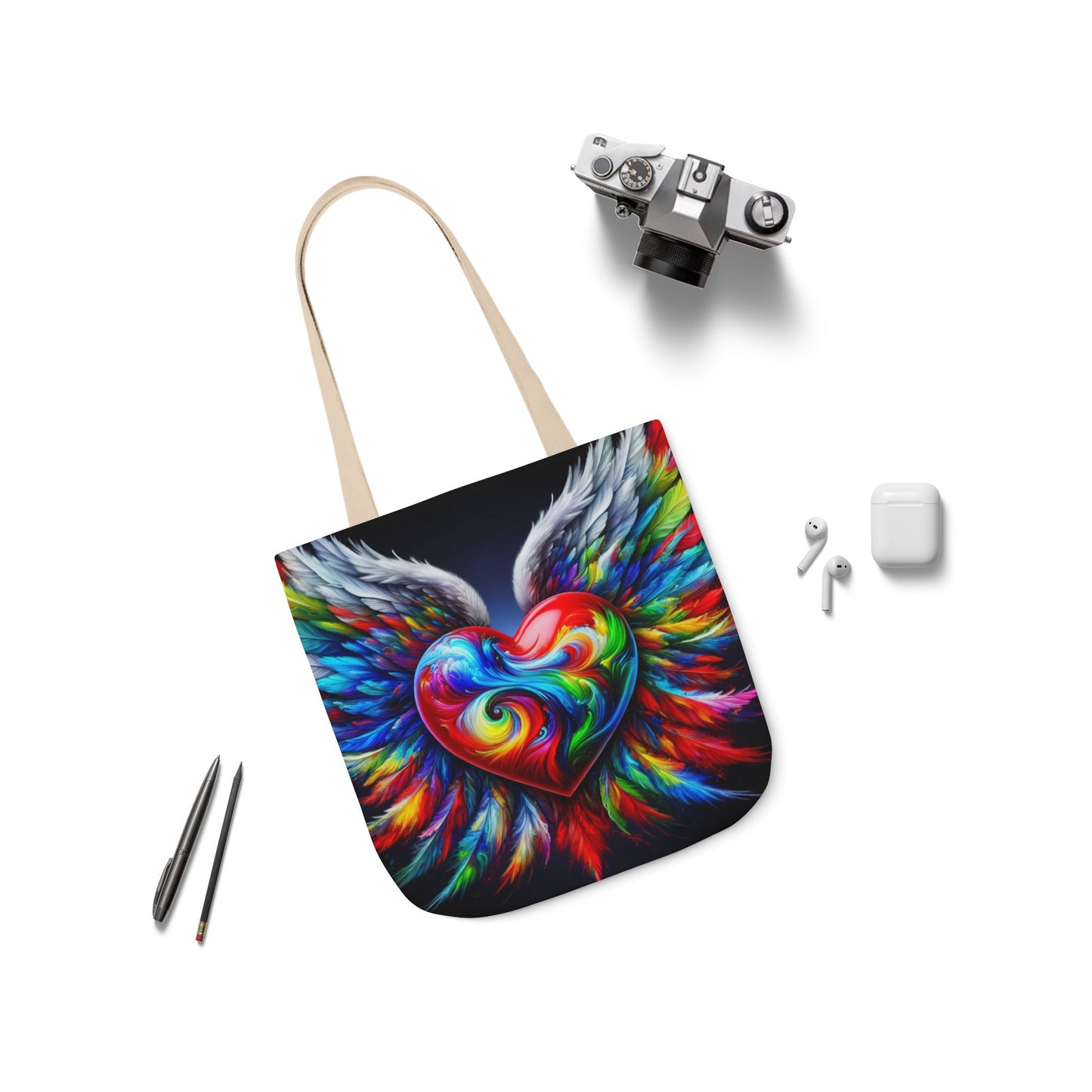 Colorful Heart Wings Canvas Tote Bag - Vibrant 5-Color Straps