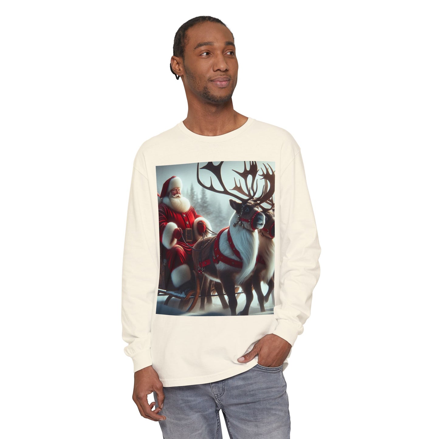 Unisex Garment-dyed Long Sleeve T-Shirt (Santa/Reindeer)