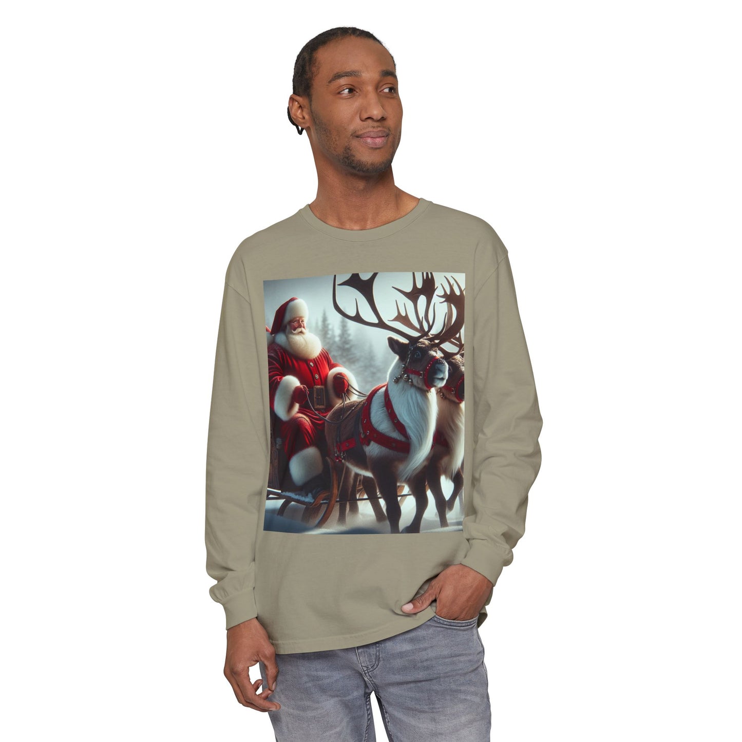 Unisex Garment-dyed Long Sleeve T-Shirt (Santa/Reindeer)