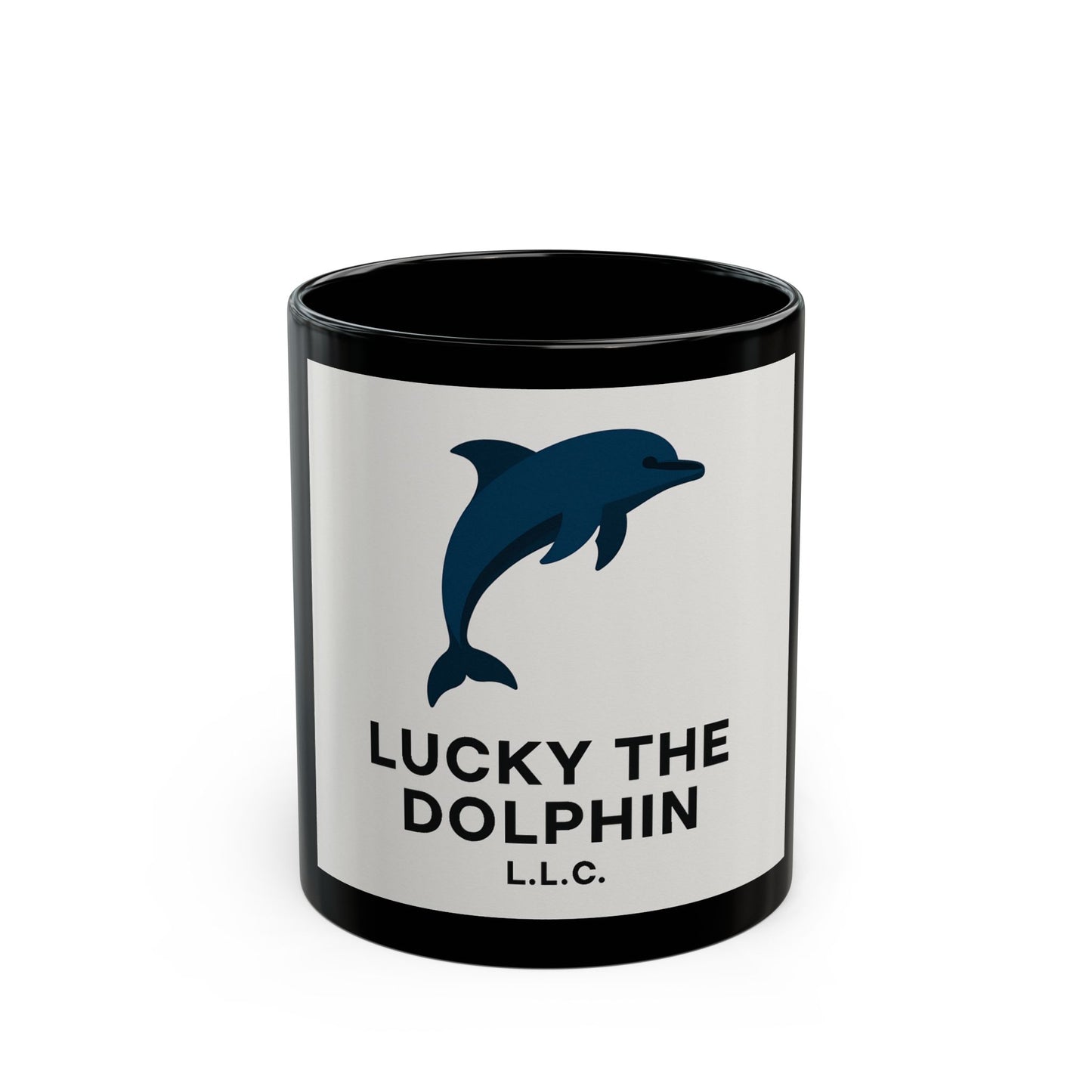 Lucky The Dolphin Logo Mug — Black Ceramic Coffee Cup (11oz, 15oz)