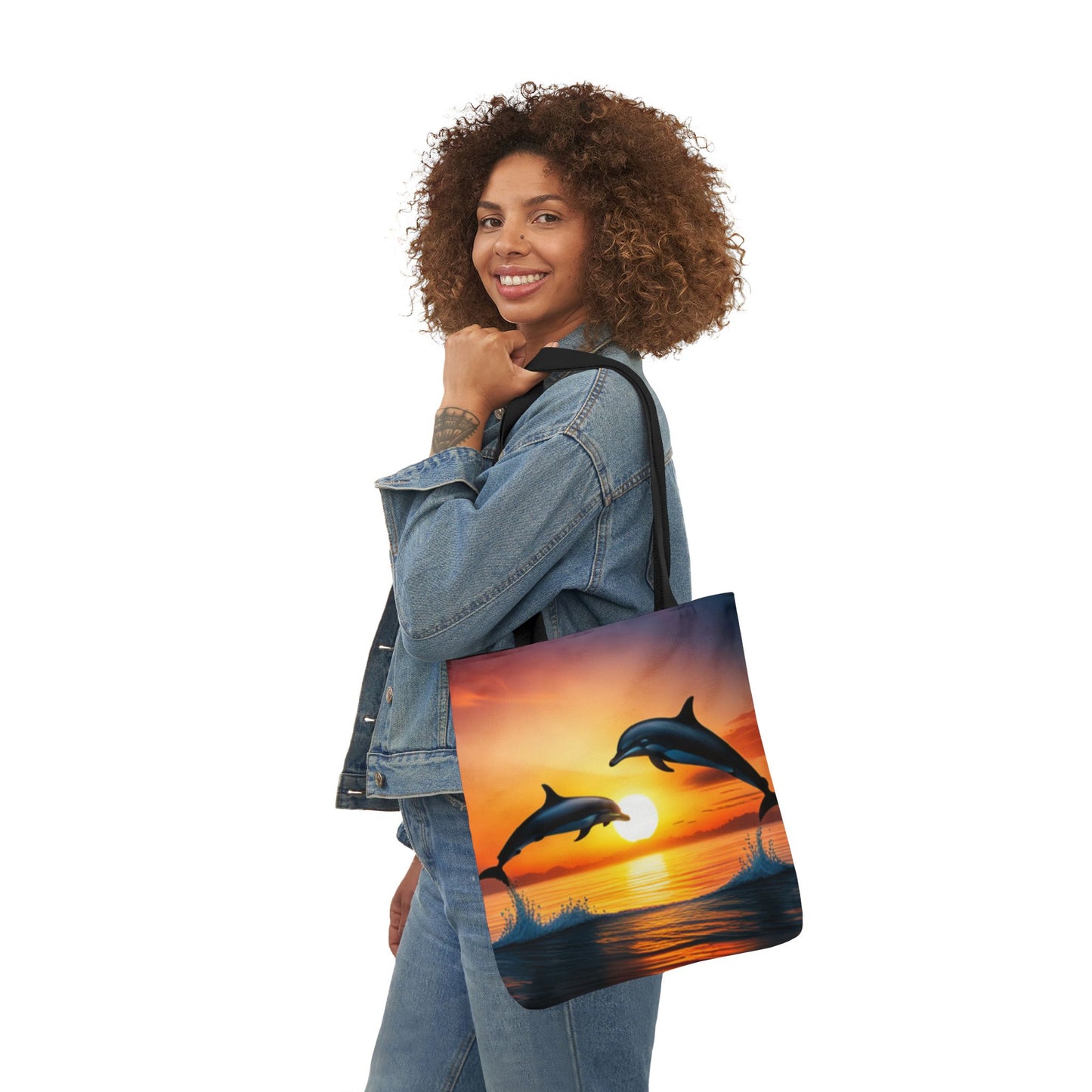 Canvas Tote Bag, 5-Color Straps (Dolphins sunset)