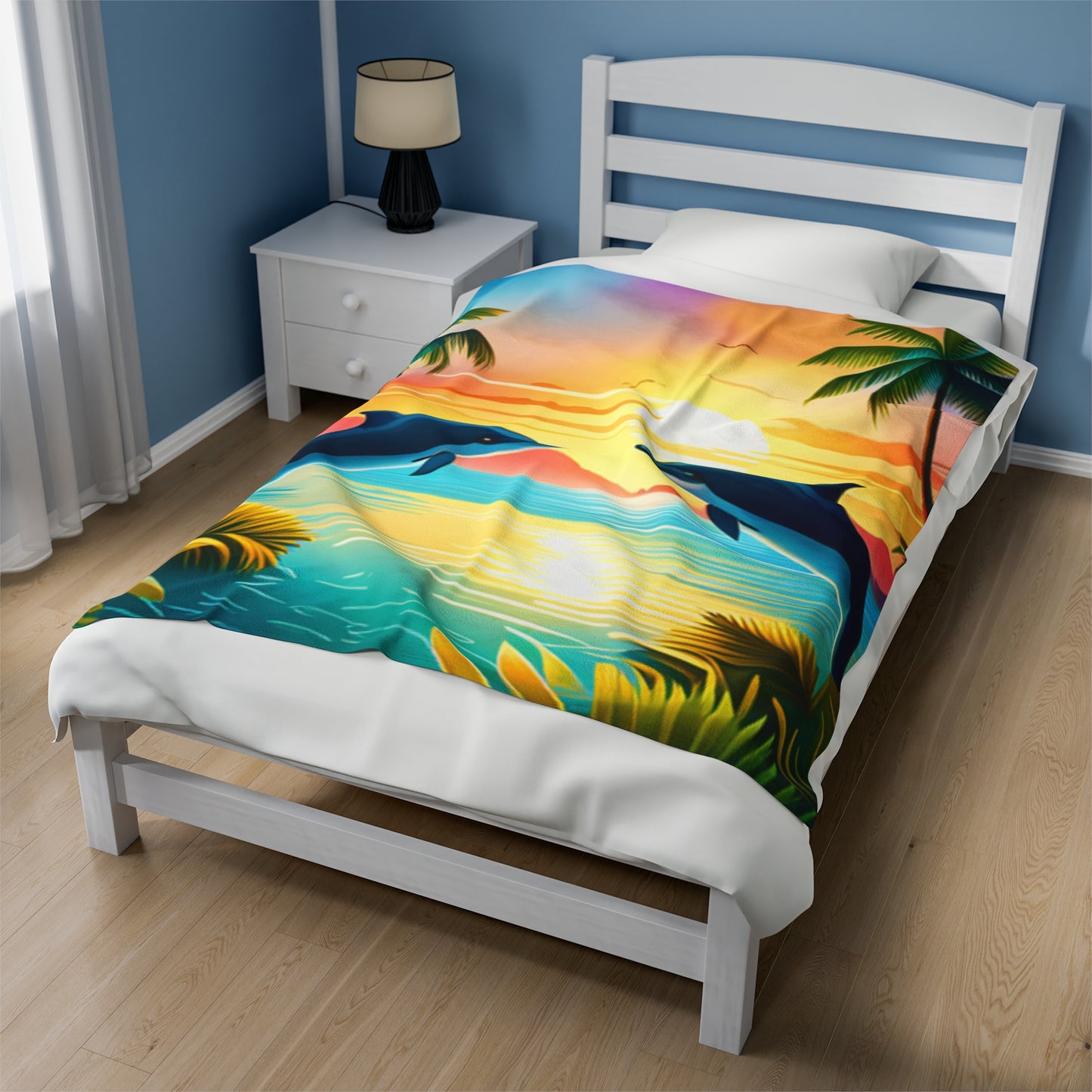 Velveteen Plush Blanket (Dolphin Palm Tree)