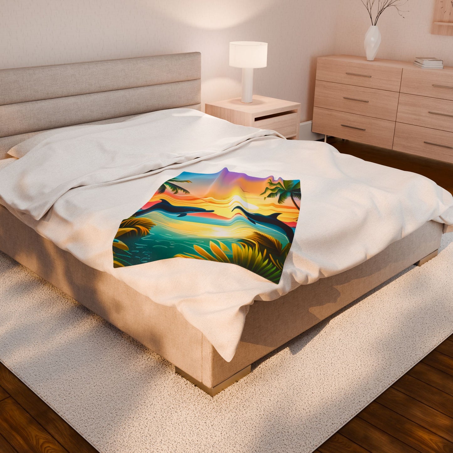 Velveteen Plush Blanket (Dolphin Palm Tree)