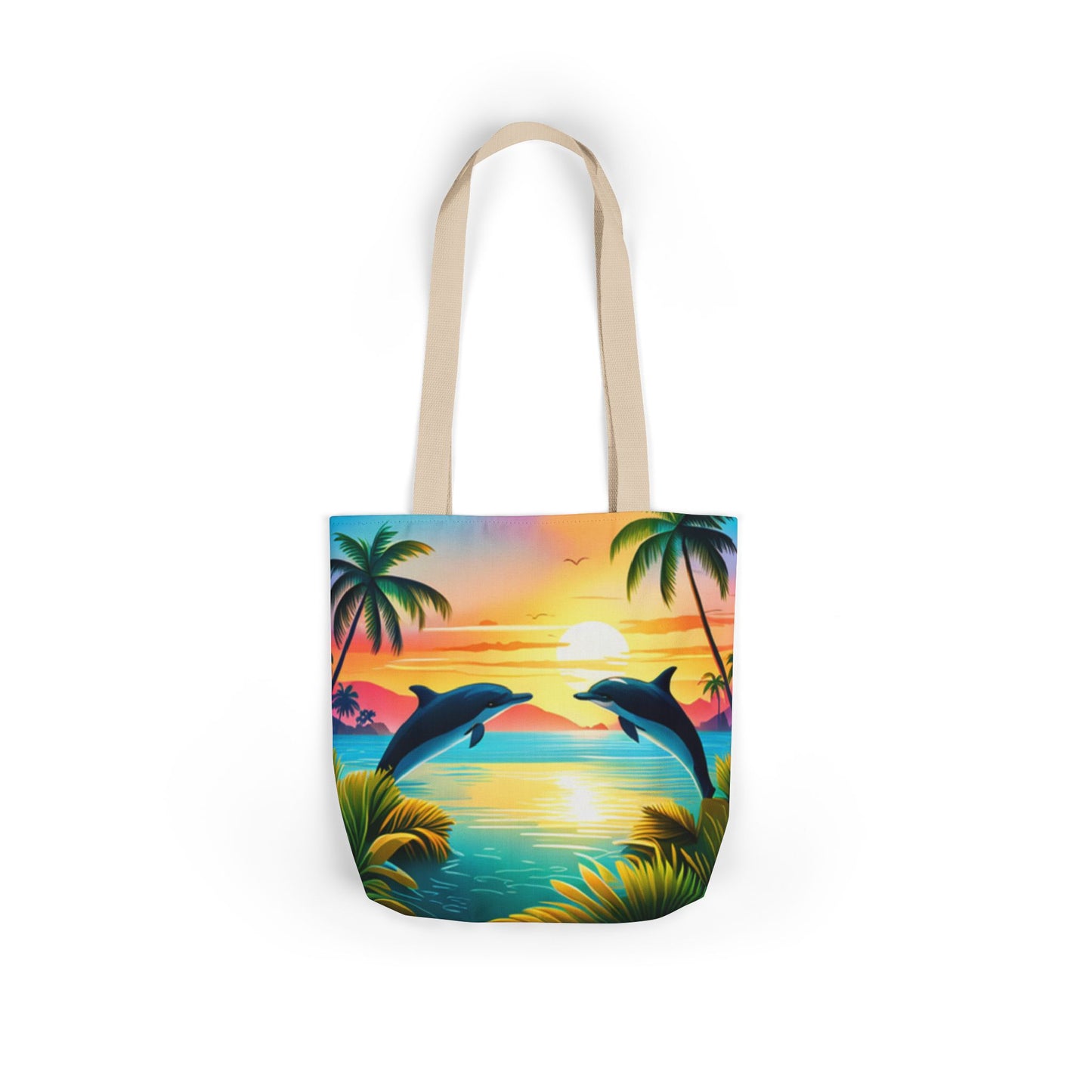 Canvas Tote Bag, 5-Color Straps (Dolphin/Palm Tree)