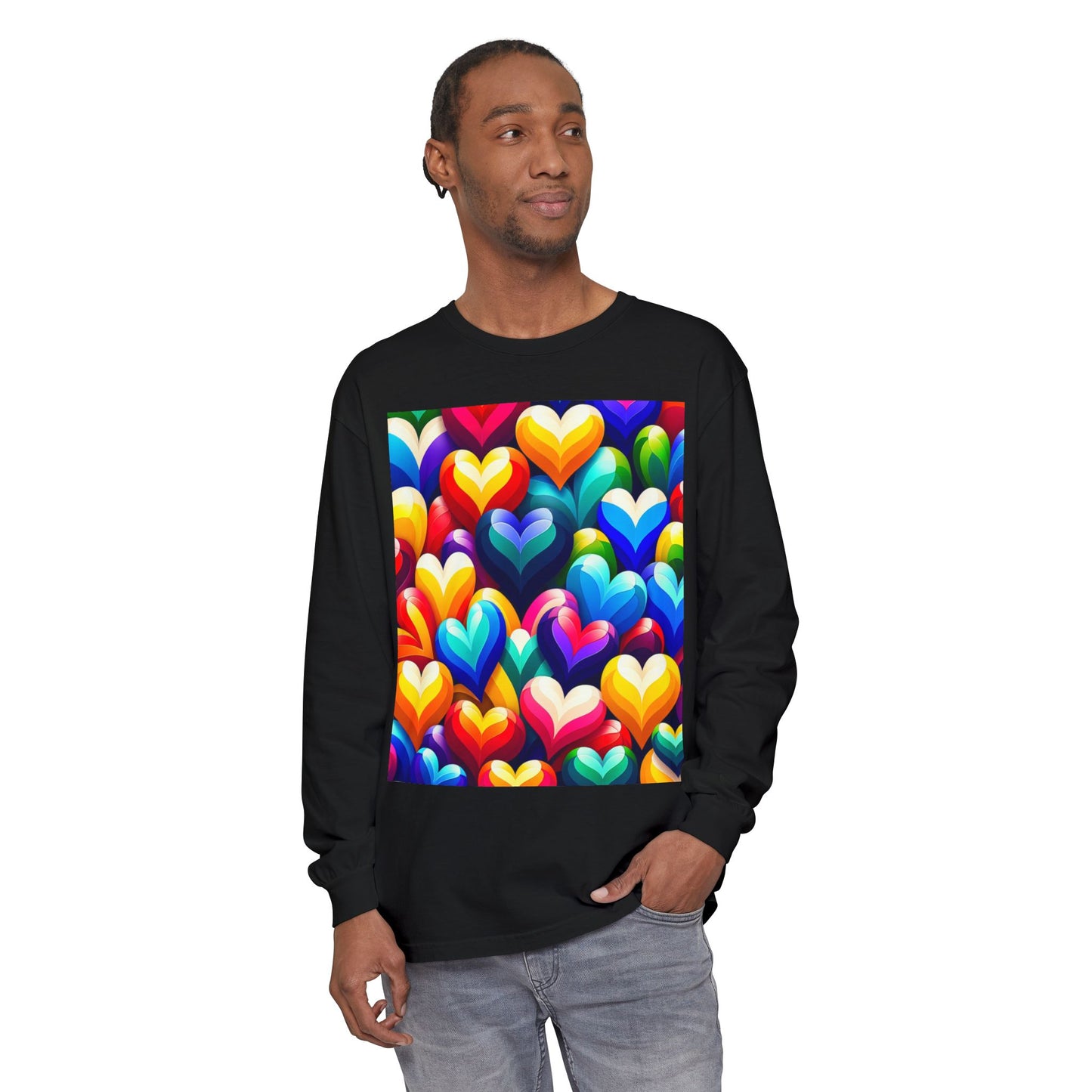 Unisex Garment-dyed Long Sleeve T-Shirt (Colorful Hearts)