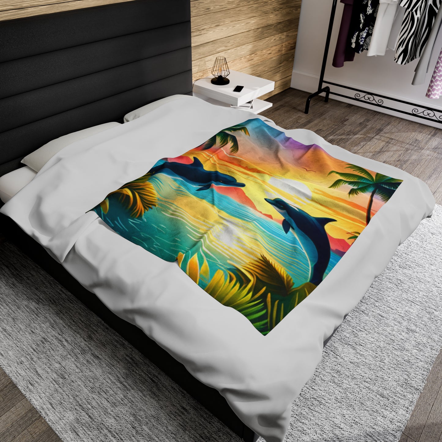 Velveteen Plush Blanket (Dolphin Palm Tree)
