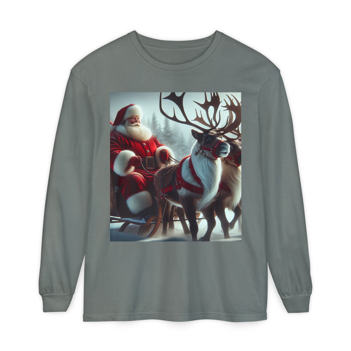 Unisex Garment-dyed Long Sleeve T-Shirt (Santa/Reindeer)