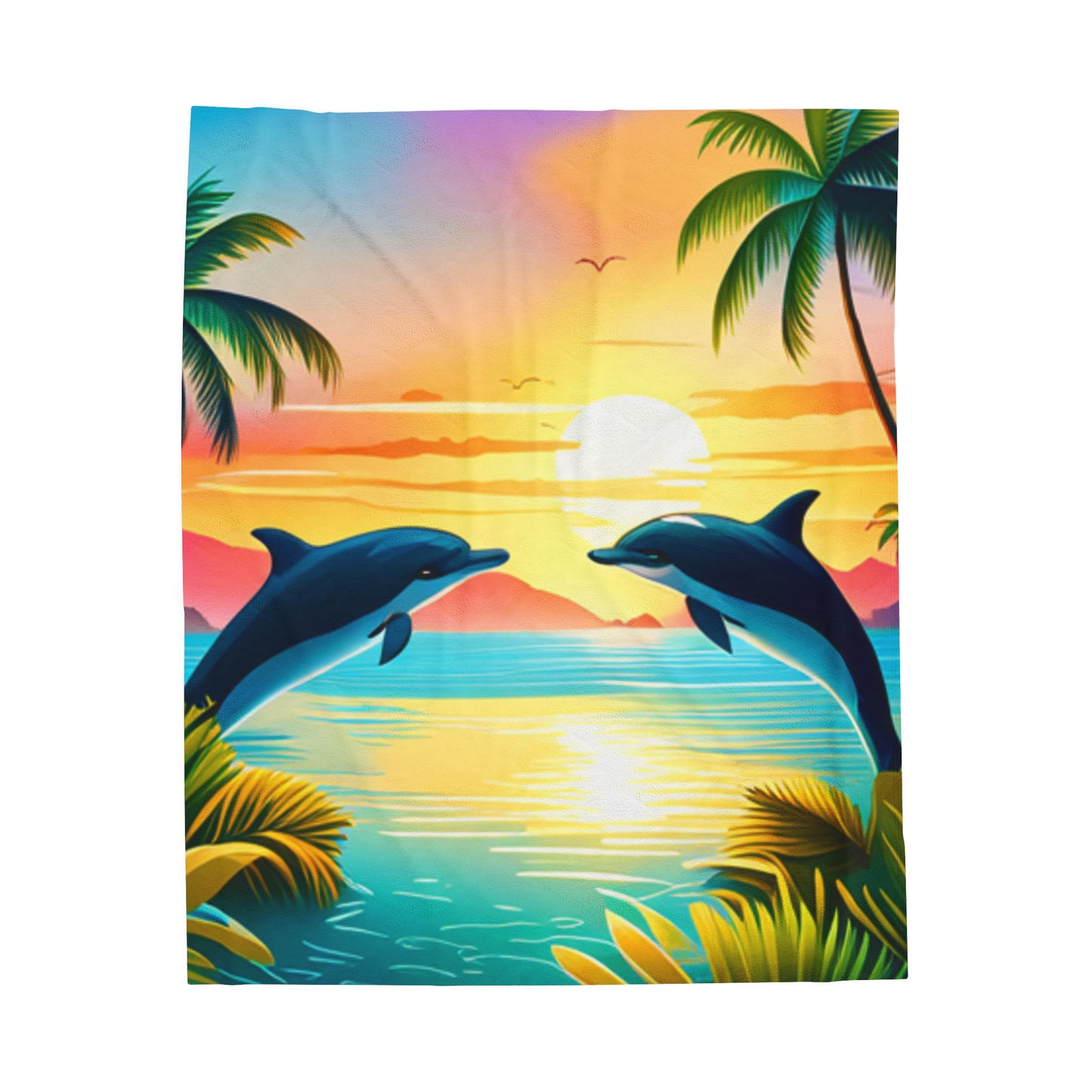 Velveteen Plush Blanket (Dolphin Palm Tree)