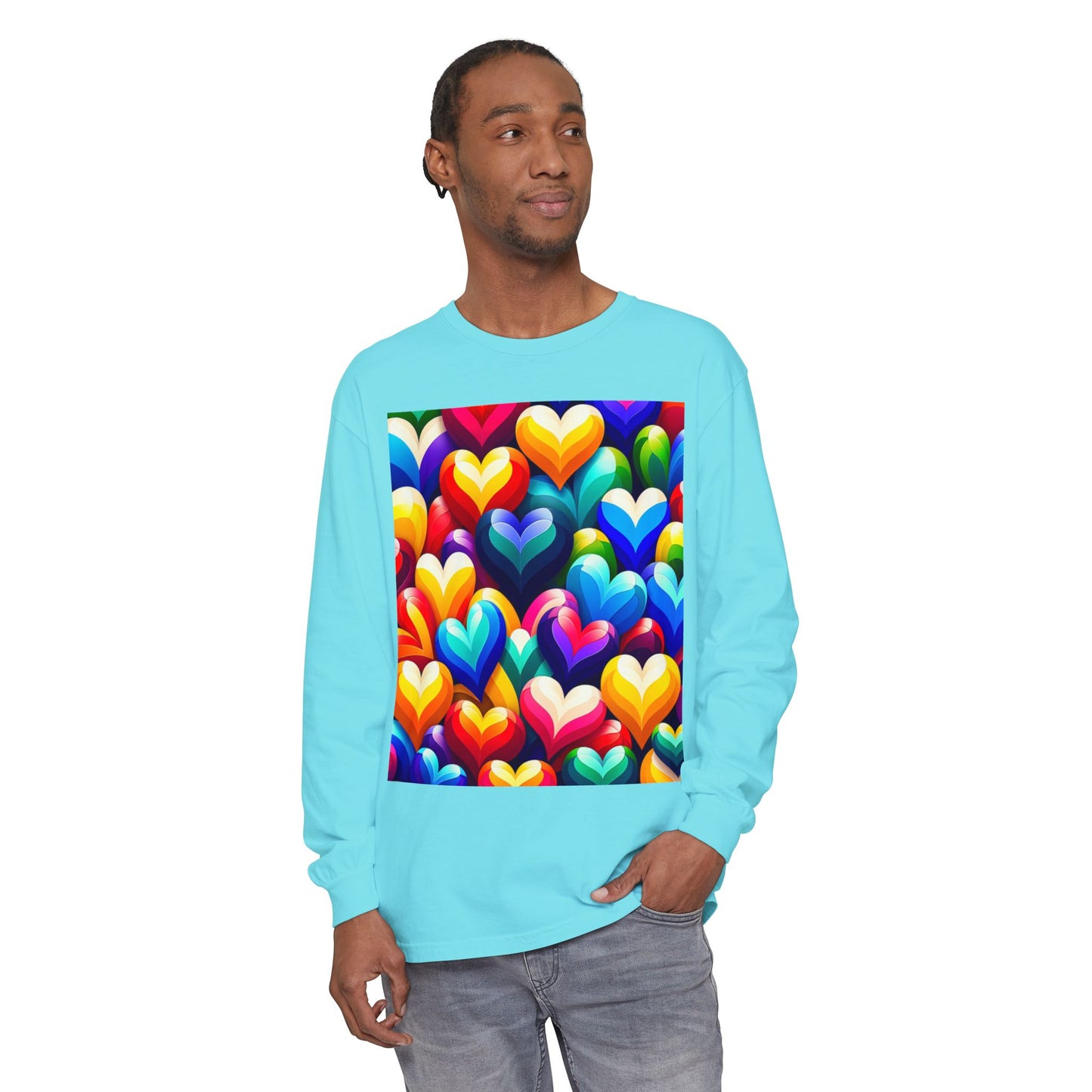 Unisex Garment-dyed Long Sleeve T-Shirt (Colorful Hearts)