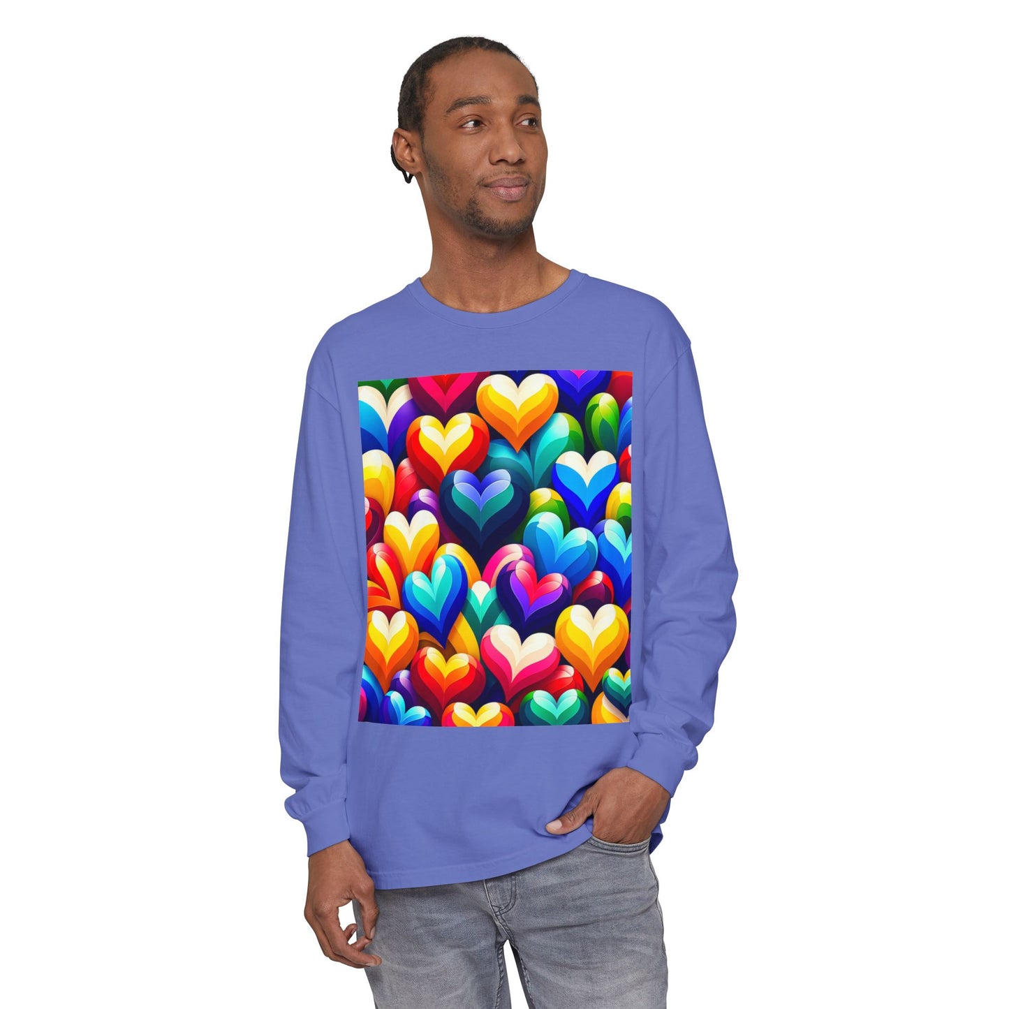 Unisex Garment-dyed Long Sleeve T-Shirt (Colorful Hearts)