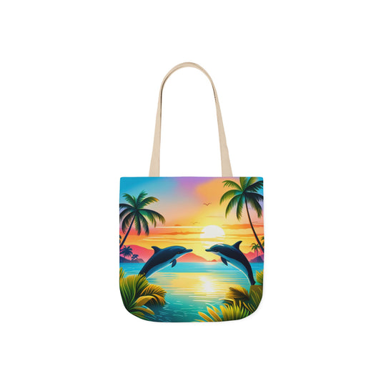 Canvas Tote Bag, 5-Color Straps (Dolphin/Palm Tree)