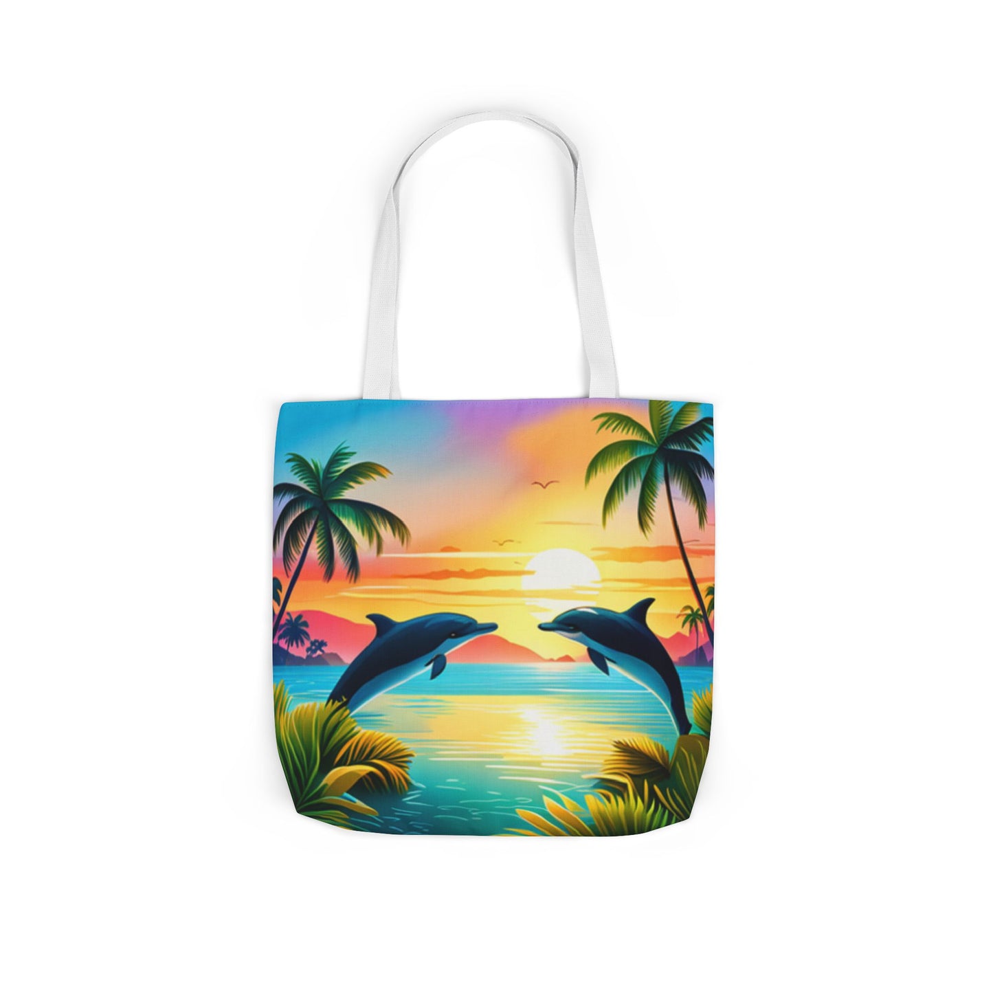 Canvas Tote Bag, 5-Color Straps (Dolphin/Palm Tree)
