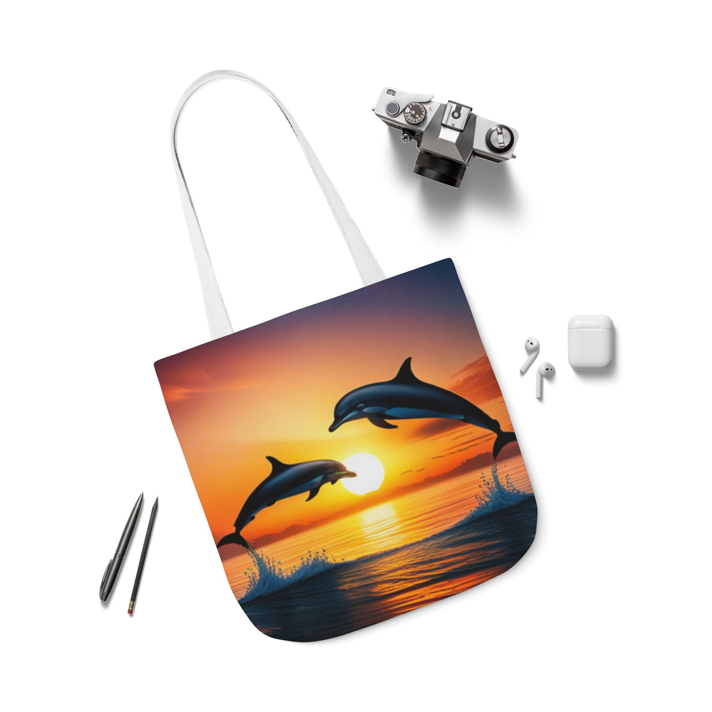 Canvas Tote Bag, 5-Color Straps (Dolphins sunset)