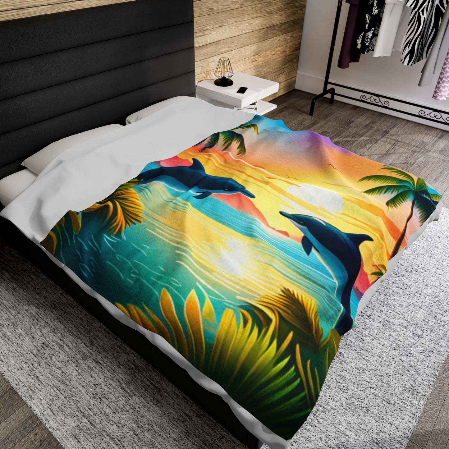 Velveteen Plush Blanket (Dolphin Palm Tree)