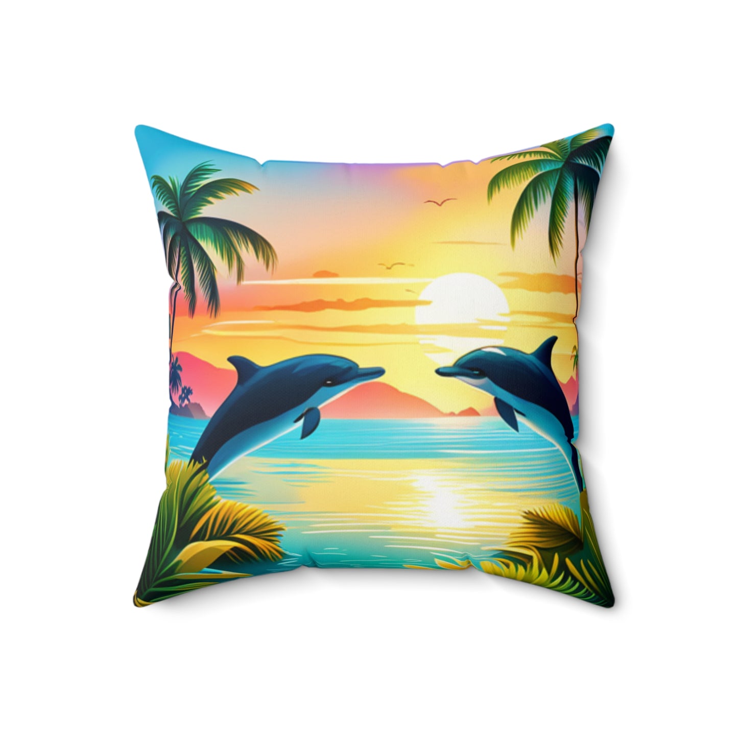 Spun Polyester Square Pillow (Dolphin Palm Tree)