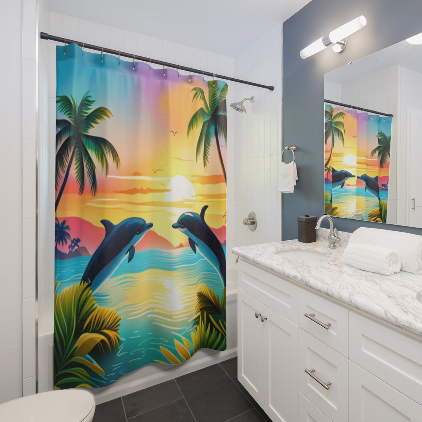 Shower Curtains (Dolphin Palm Tree)