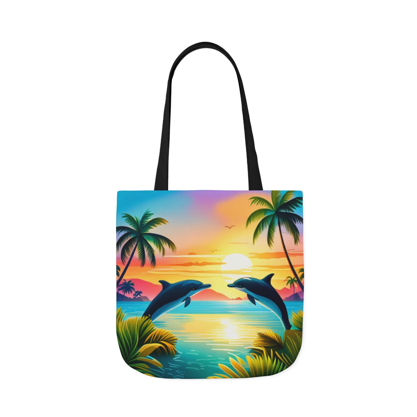 Canvas Tote Bag, 5-Color Straps (Dolphin/Palm Tree)
