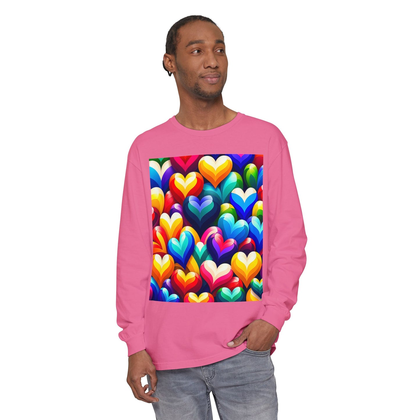 Unisex Garment-dyed Long Sleeve T-Shirt (Colorful Hearts)