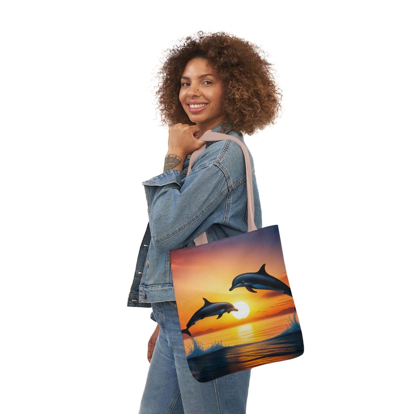 Canvas Tote Bag, 5-Color Straps (Dolphins sunset)