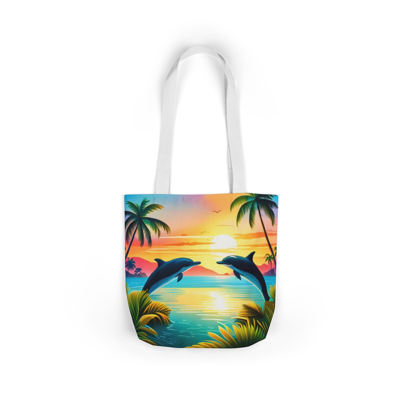 Canvas Tote Bag, 5-Color Straps (Dolphin/Palm Tree)
