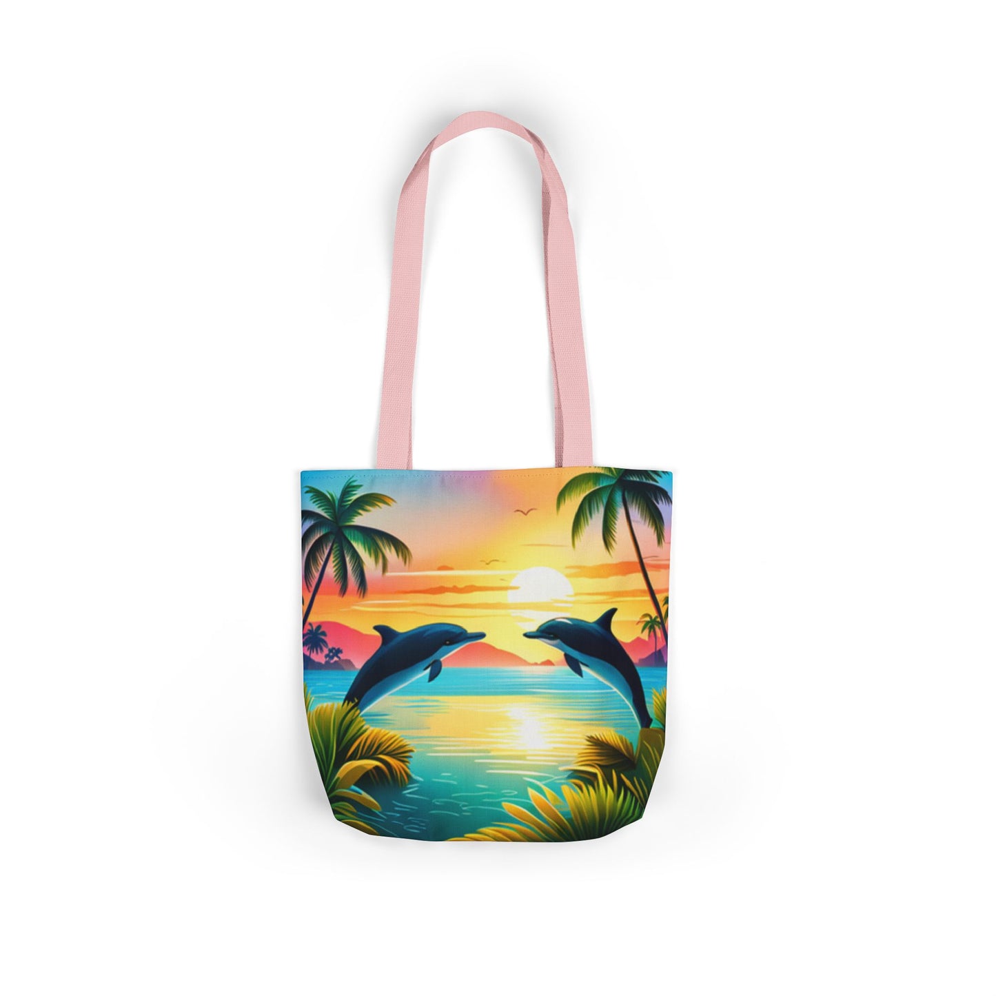 Canvas Tote Bag, 5-Color Straps (Dolphin/Palm Tree)