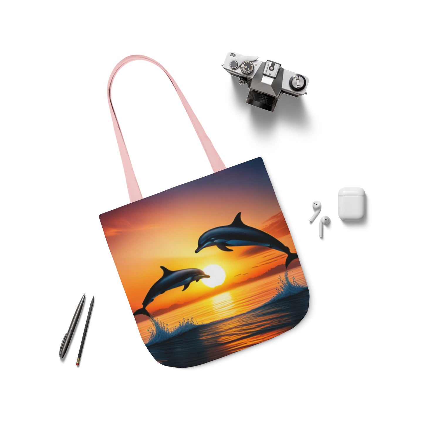 Canvas Tote Bag, 5-Color Straps (Dolphins sunset)