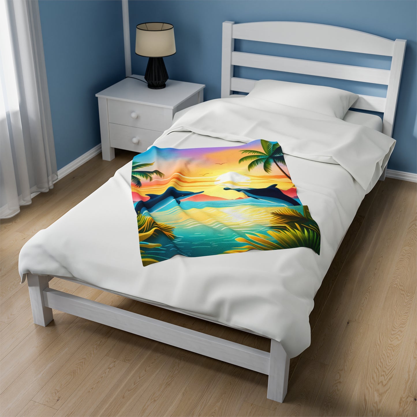 Velveteen Plush Blanket (Dolphin Palm Tree)
