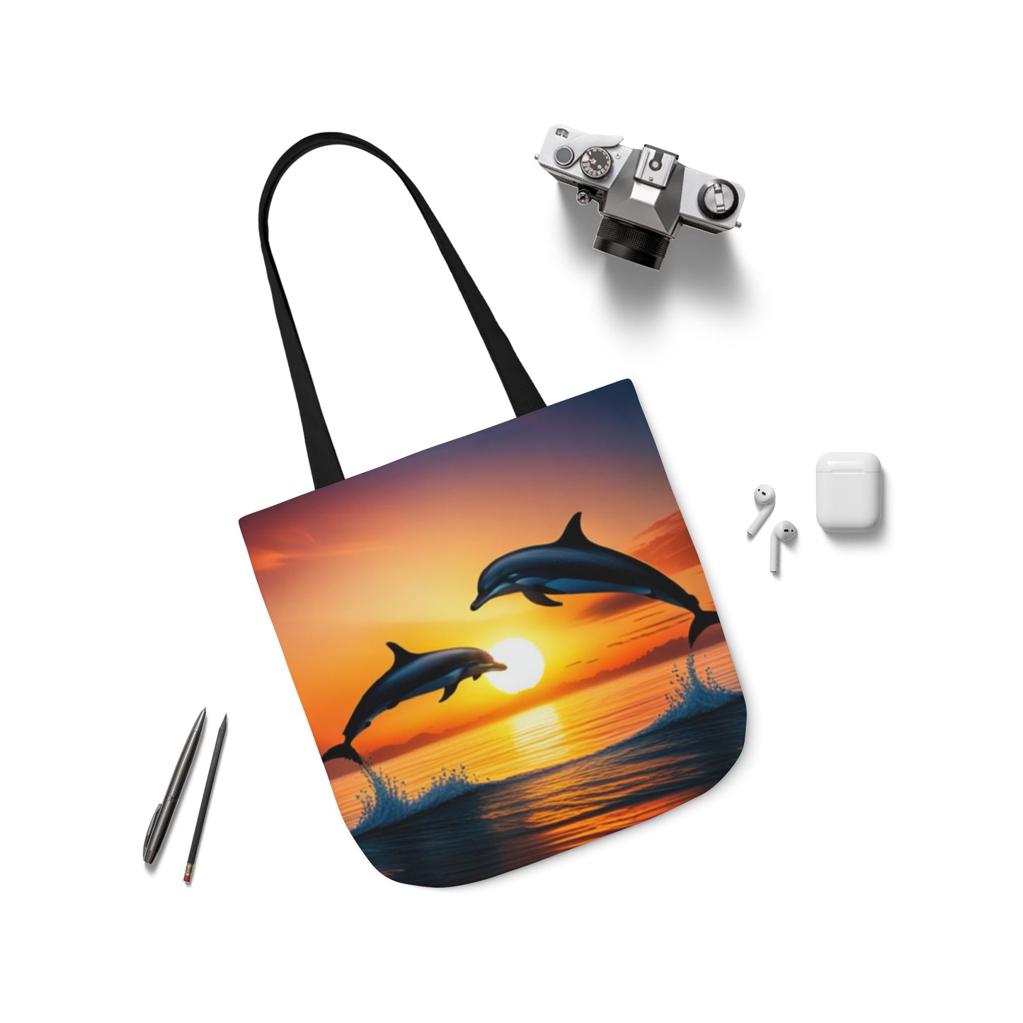Canvas Tote Bag, 5-Color Straps (Dolphins sunset)