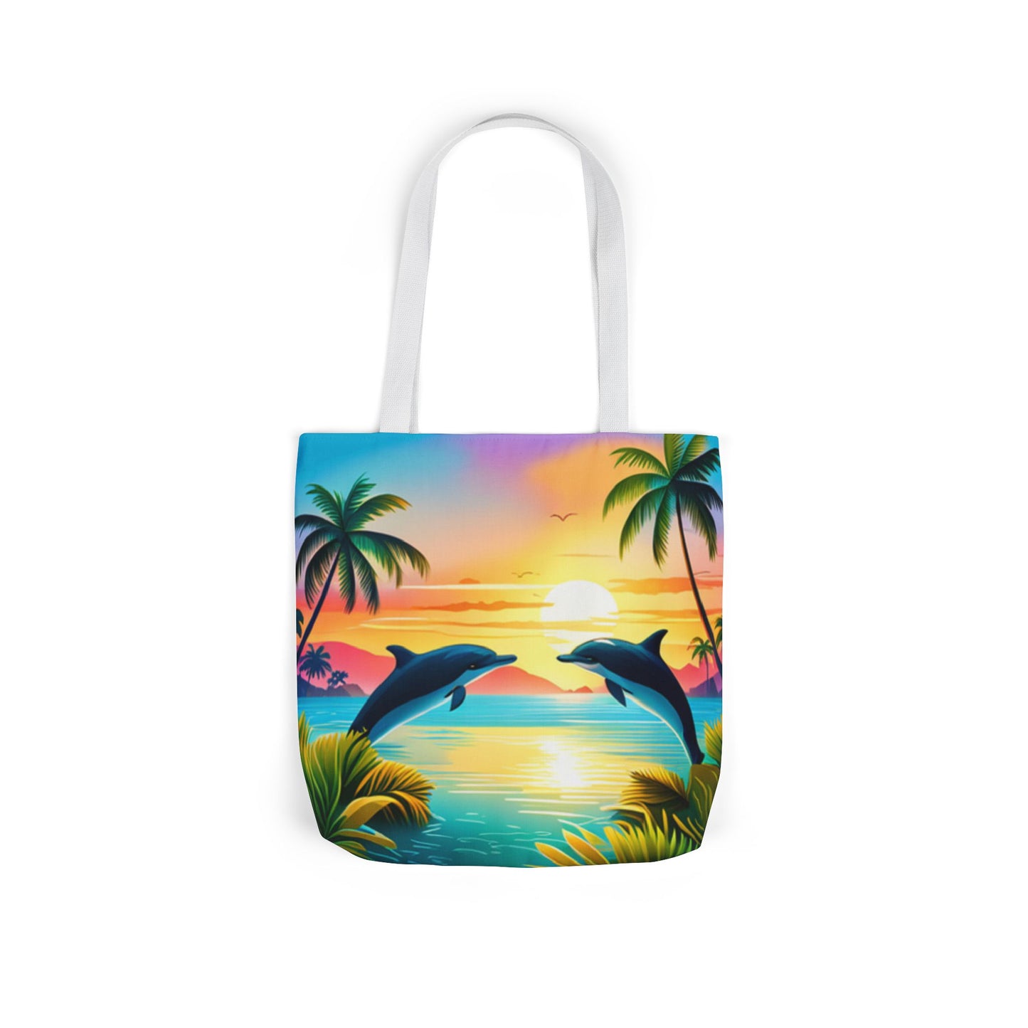 Canvas Tote Bag, 5-Color Straps (Dolphin/Palm Tree)
