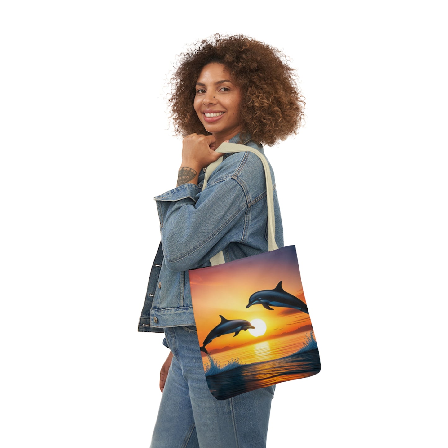 Canvas Tote Bag, 5-Color Straps (Dolphins sunset)