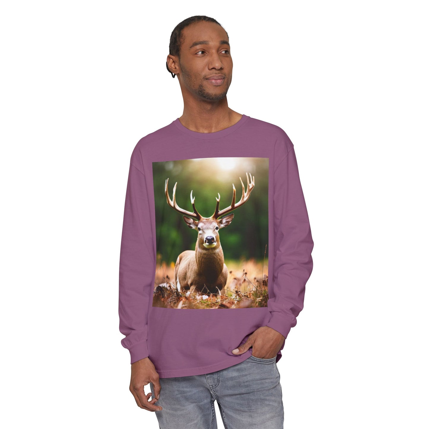 Unisex Garment-dyed Long Sleeve T-Shirt (Deer)