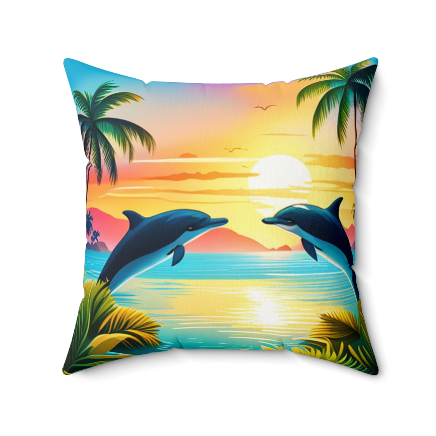 Spun Polyester Square Pillow (Dolphin Palm Tree)