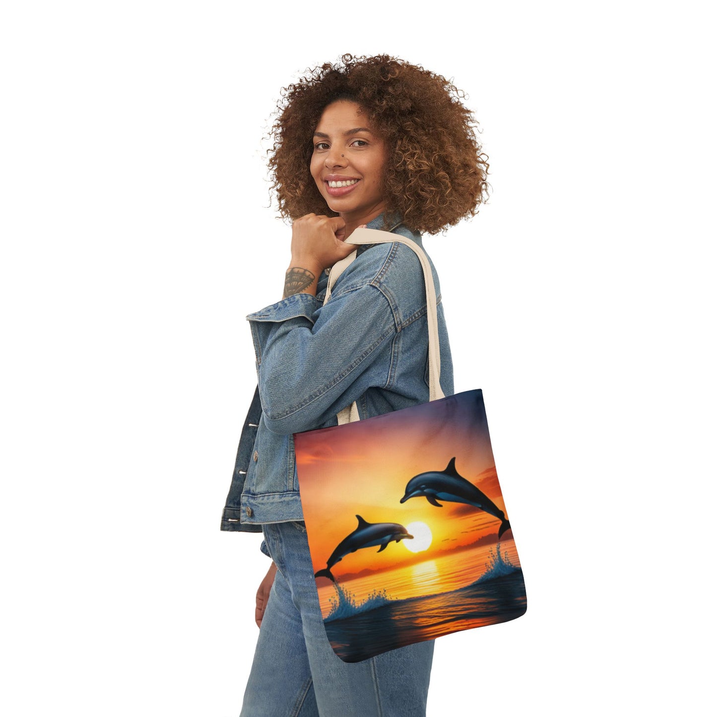 Canvas Tote Bag, 5-Color Straps (Dolphins sunset)