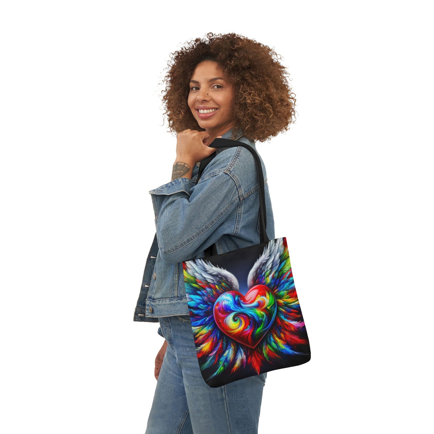 Colorful Heart Wings Canvas Tote Bag - Vibrant 5-Color Straps