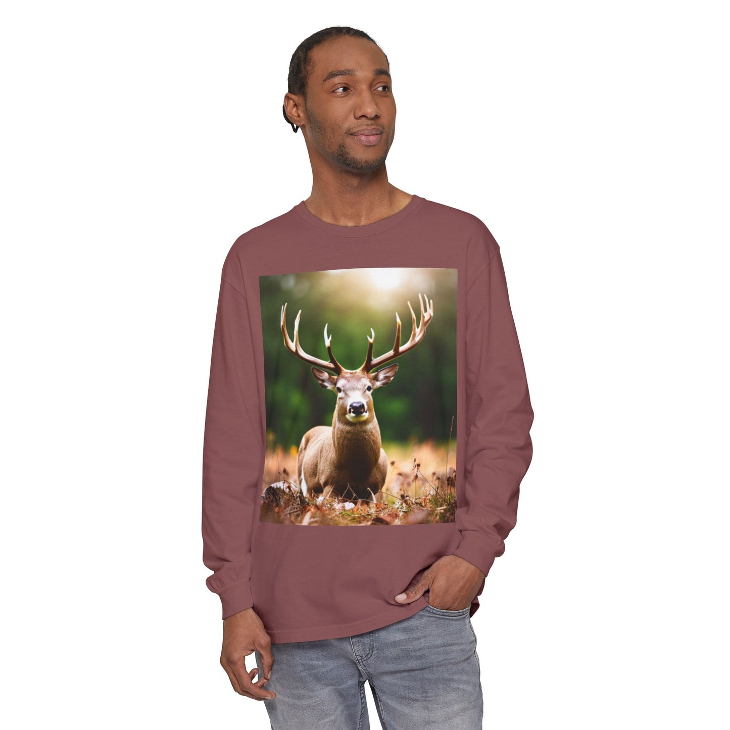 Unisex Garment-dyed Long Sleeve T-Shirt (Deer)