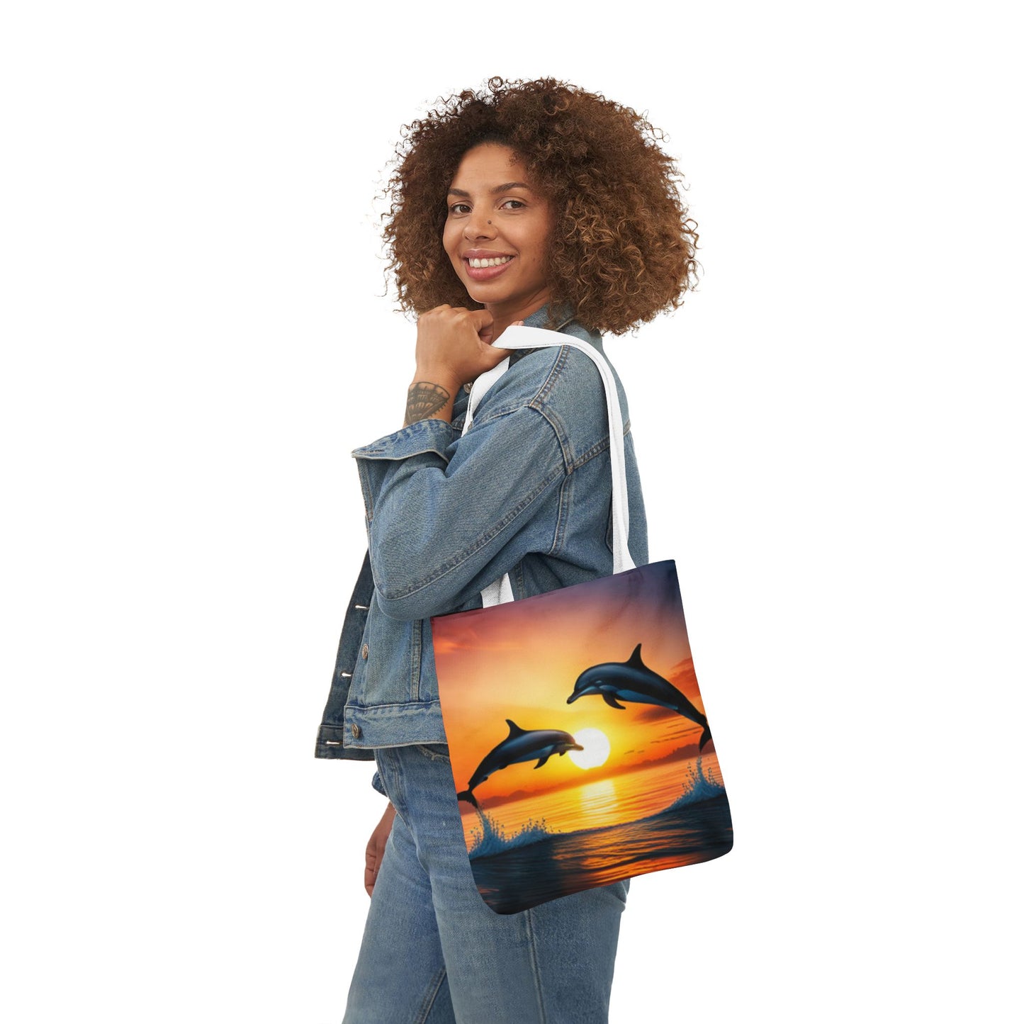 Canvas Tote Bag, 5-Color Straps (Dolphins sunset)