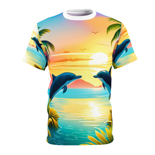 Unisex Cut & Sew Tee (AOP) (Dolphin Palm Trees)