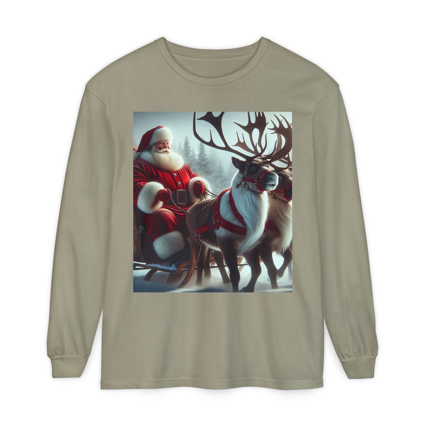 Unisex Garment-dyed Long Sleeve T-Shirt (Santa/Reindeer)