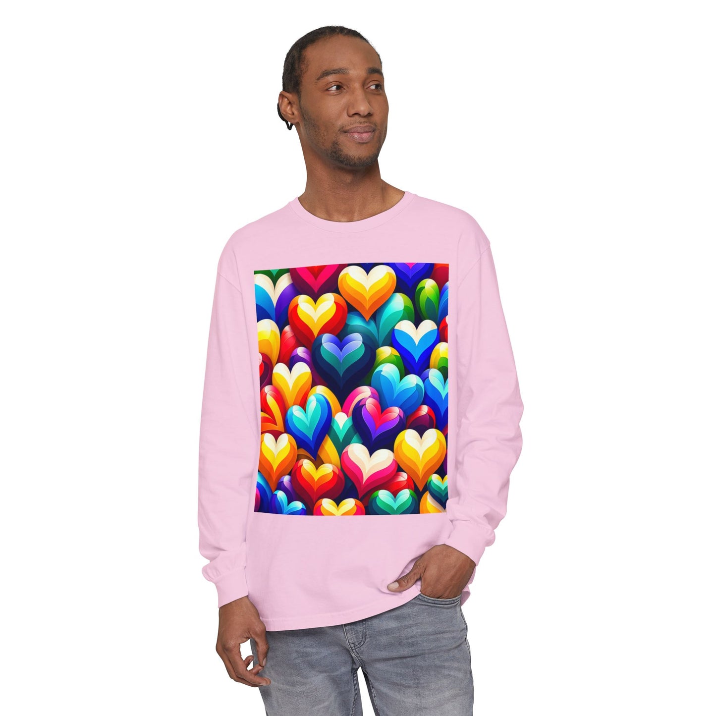Unisex Garment-dyed Long Sleeve T-Shirt (Colorful Hearts)