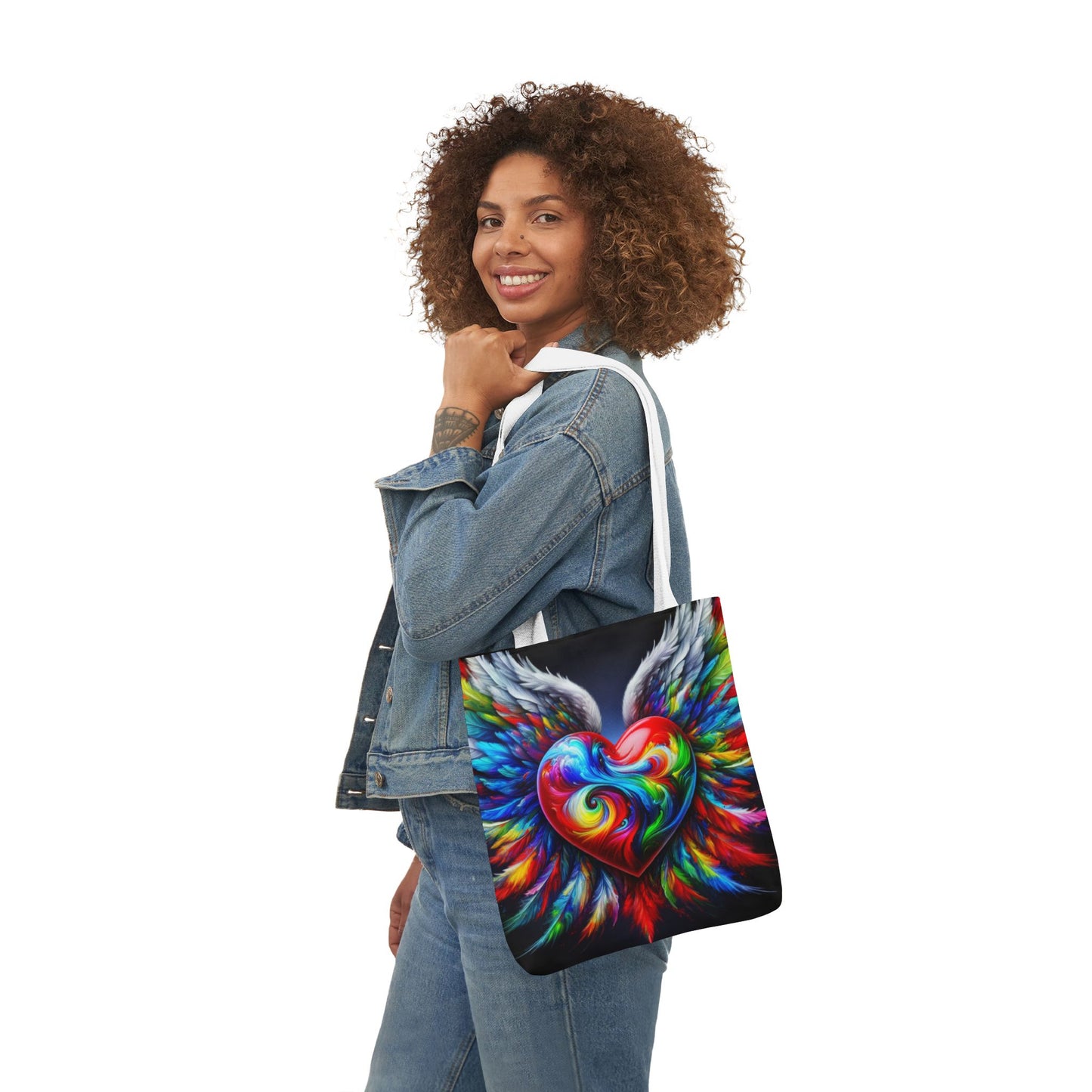 Colorful Heart Wings Canvas Tote Bag - Vibrant 5-Color Straps