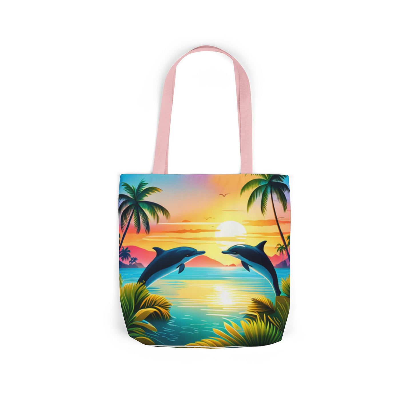 Canvas Tote Bag, 5-Color Straps (Dolphin/Palm Tree)