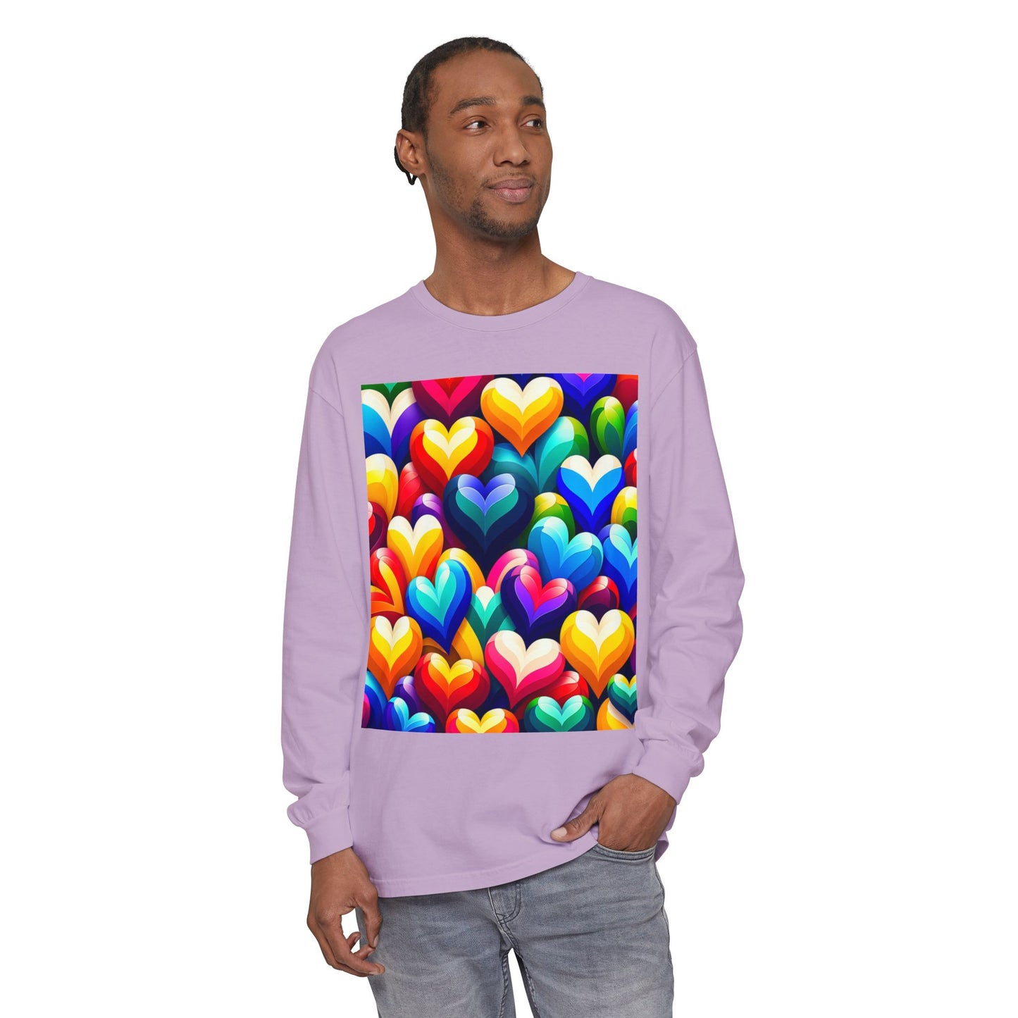 Unisex Garment-dyed Long Sleeve T-Shirt (Colorful Hearts)