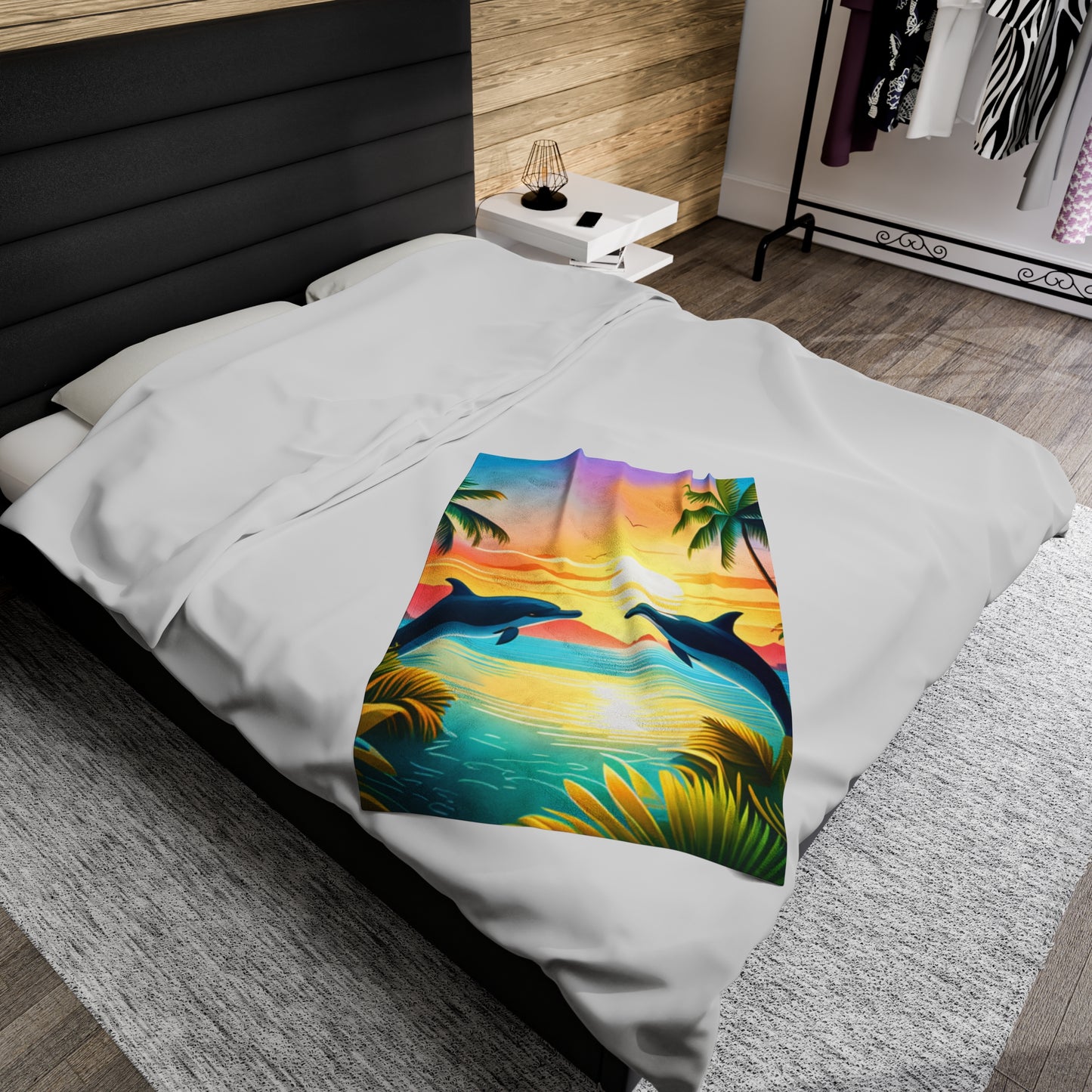 Velveteen Plush Blanket (Dolphin Palm Tree)