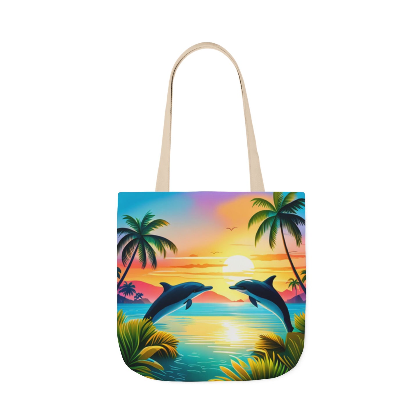 Canvas Tote Bag, 5-Color Straps (Dolphin/Palm Tree)