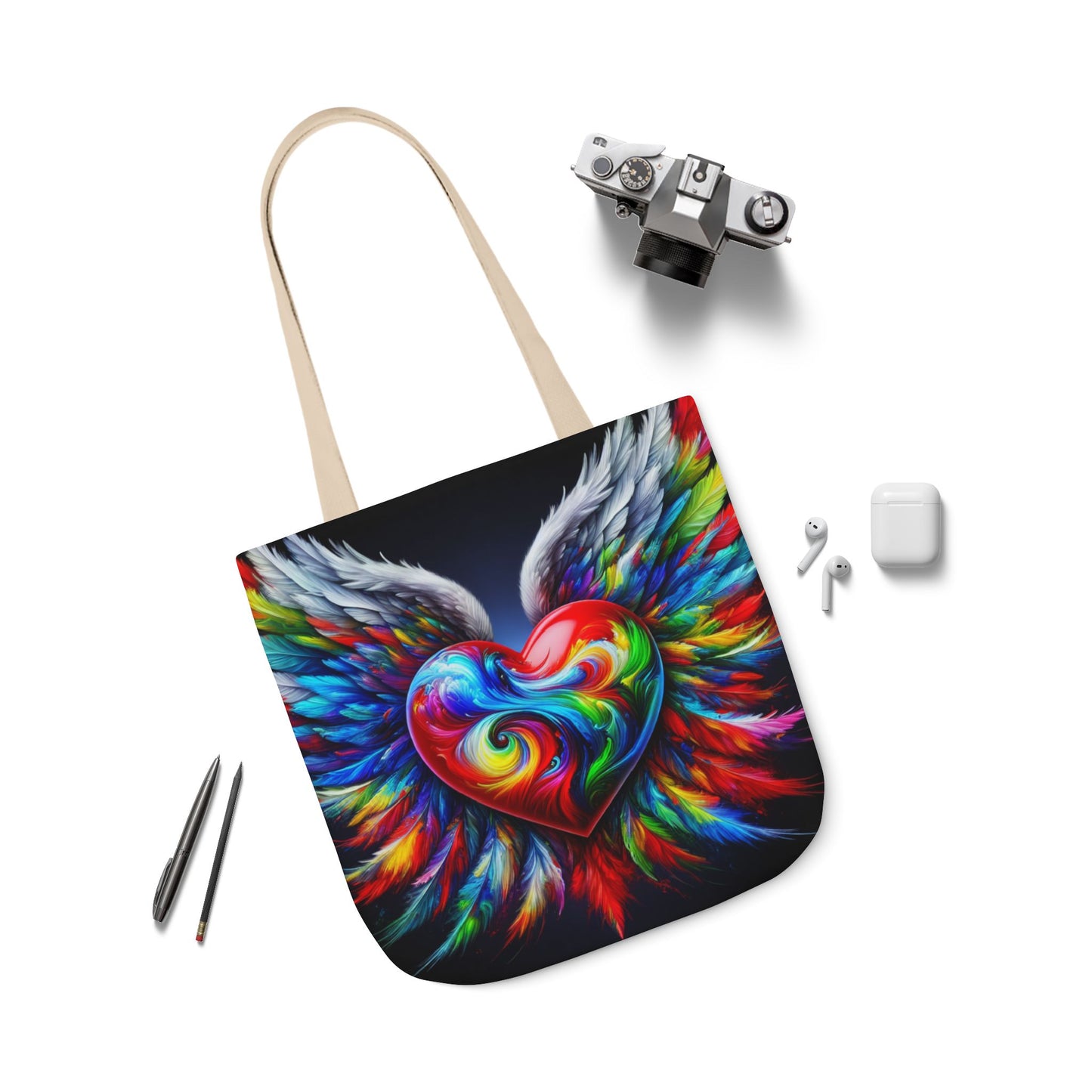 Colorful Heart Wings Canvas Tote Bag - Vibrant 5-Color Straps