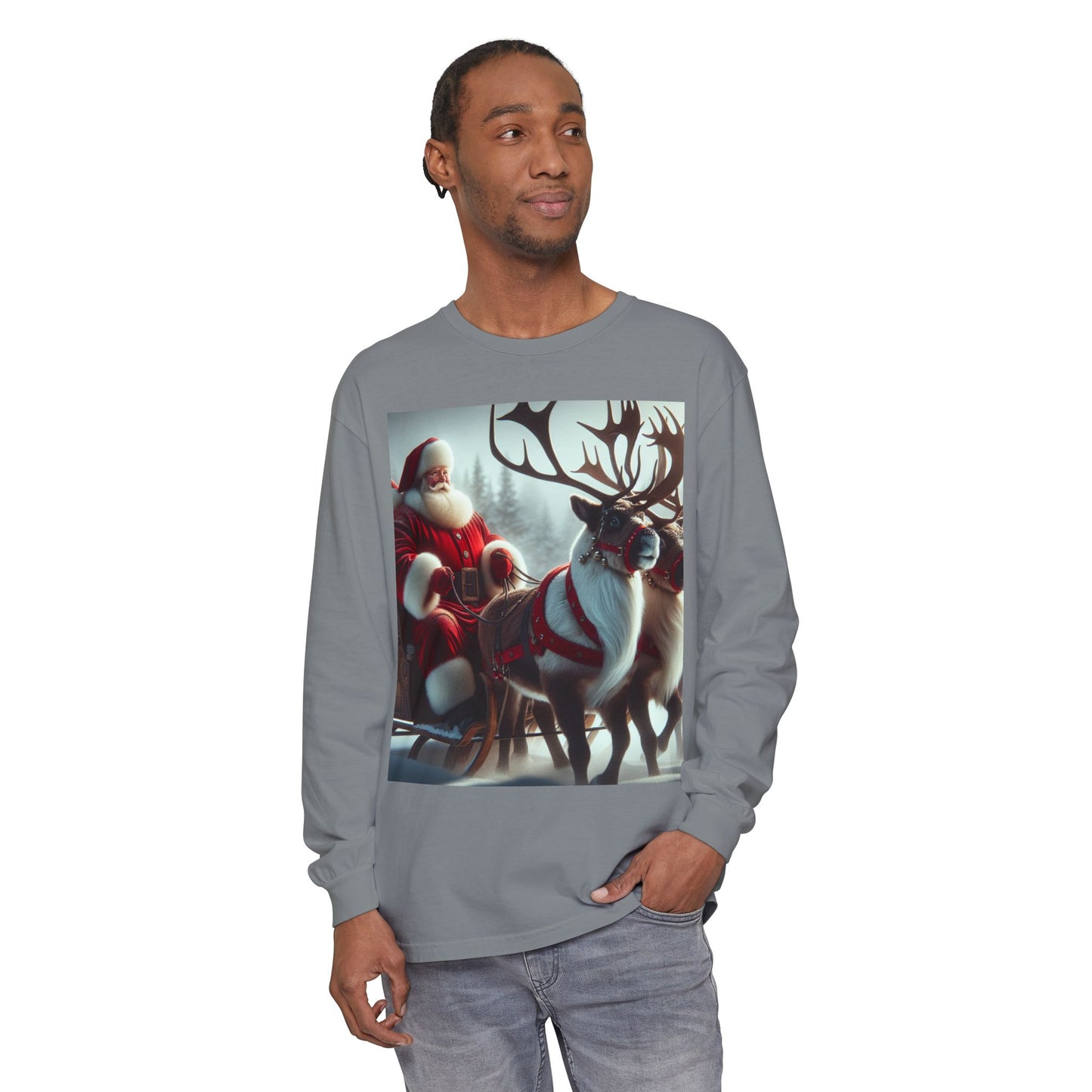 Unisex Garment-dyed Long Sleeve T-Shirt (Santa/Reindeer)