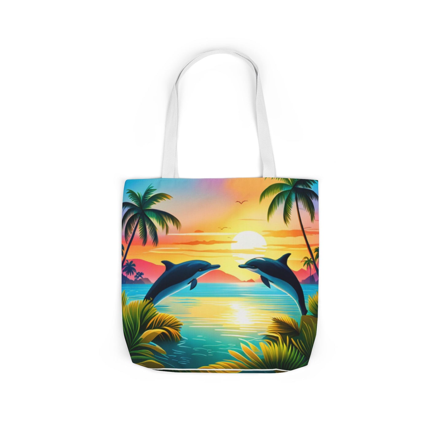 Canvas Tote Bag, 5-Color Straps (Dolphin/Palm Tree)