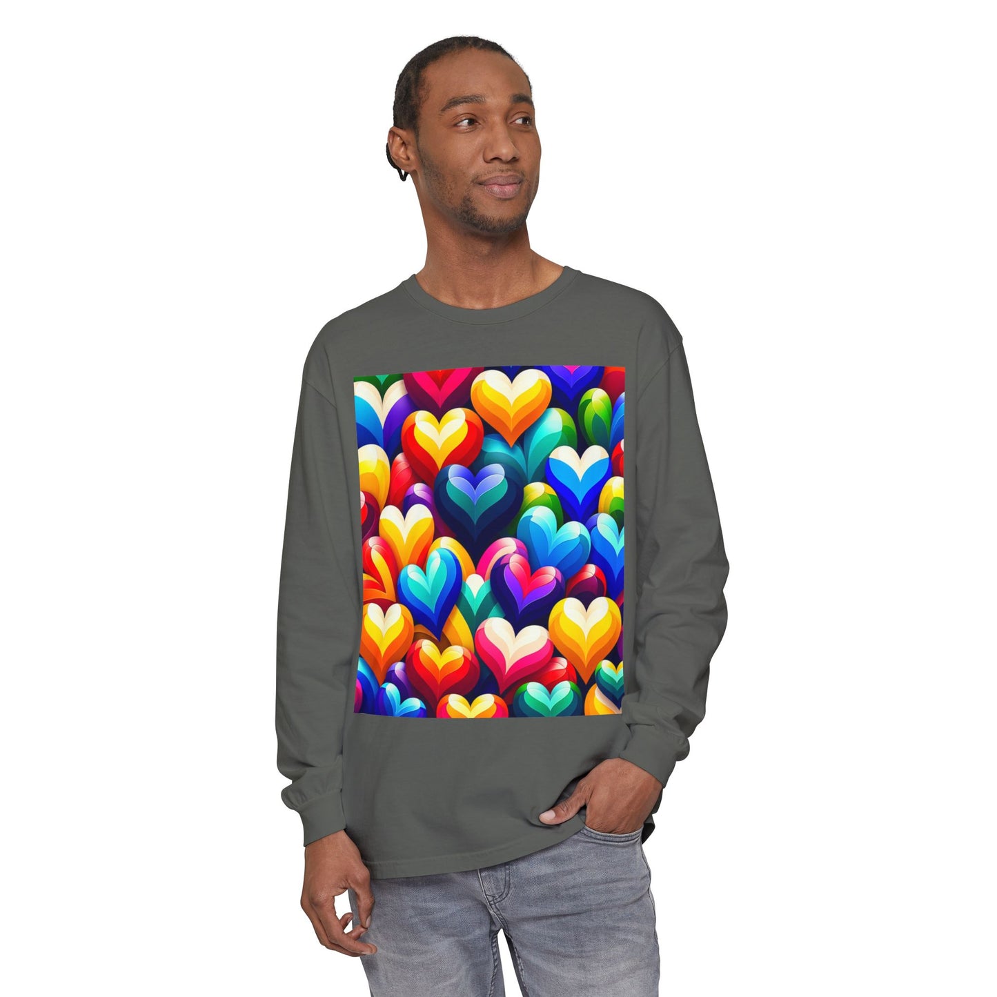 Unisex Garment-dyed Long Sleeve T-Shirt (Colorful Hearts)