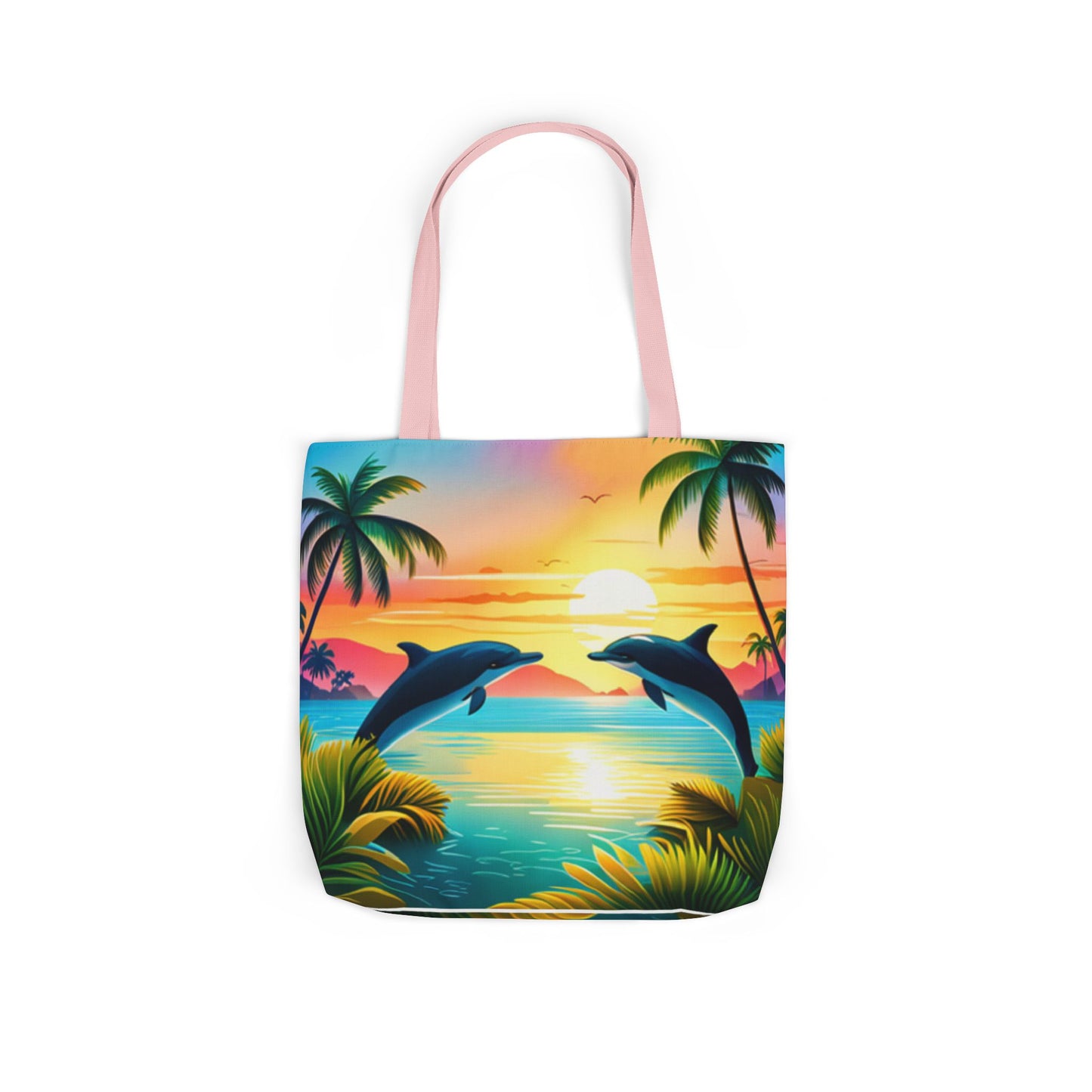 Canvas Tote Bag, 5-Color Straps (Dolphin/Palm Tree)