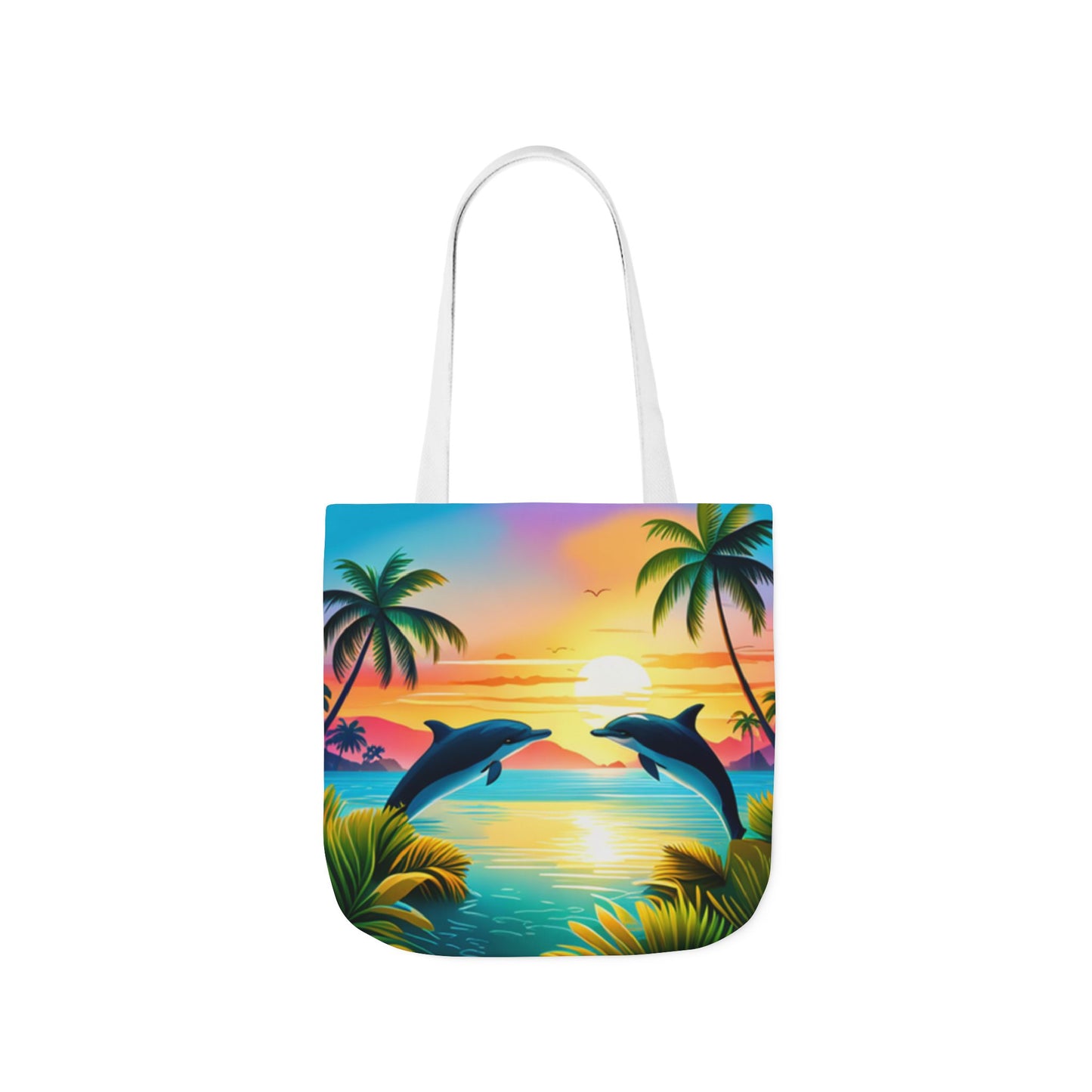 Canvas Tote Bag, 5-Color Straps (Dolphin/Palm Tree)